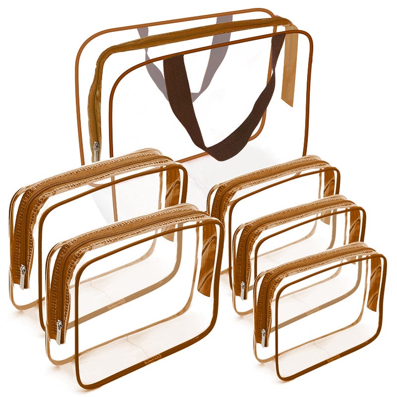 APREUTY Clear Makeup Bags, TSA Approved 6Pcs Cosmetic Makeup Bags Set Clear PVC w/Zipper Handle Portable Travel Luggage Pouch Airport Airline Bags Bathroom (Coffee) - Image 1